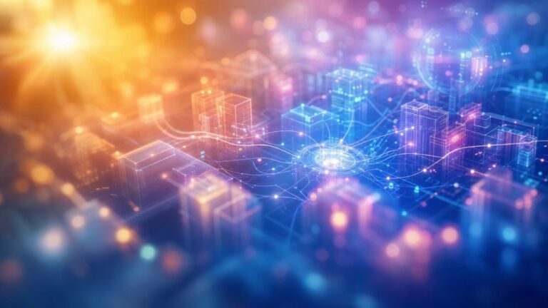 abstract futuristic city network with glowing blue and orange lines connecting transparent buildings, representing digital connectivity.