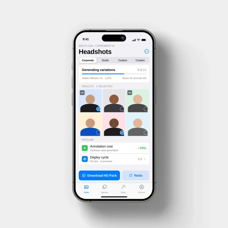 mobile app screen showing 'headshots' tab with avatar previews in a grid and a 'download hd pack' button, on an iphone notch device.