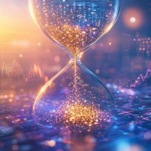 hourglass with glowing orange and blue particles flowing through, symbolizing time and digital data.