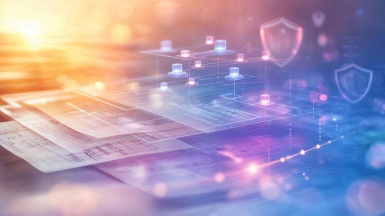 futuristic data network overlay with glowing nodes above architectural blueprints, suggesting cybersecurity and connectivity.