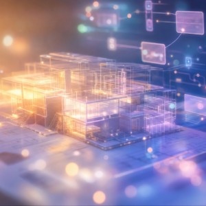 abstract futuristic digital cubes and glowing holographic panels suggesting data networks or blockchain technology.