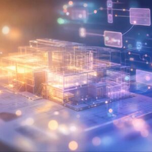 abstract holographic cubes form a 3d data architecture glowing in warm orange and cool blue light, suggesting digital infrastructure.