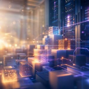 futuristic data center with stacked glowing cubes and neon data lines connecting servers in a warm, amber-to-blue glow.