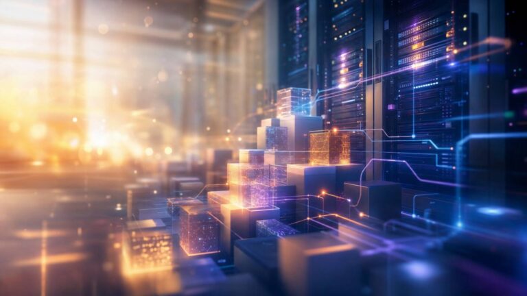 futuristic data center with stacked glowing cubes and neon data lines connecting servers in a warm, amber-to-blue glow.