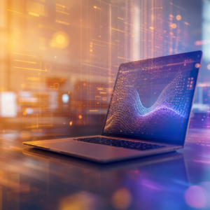 laptop on a reflective desk with a glowing waveform on the screen amid neon orange–blue light in a high-tech setting.