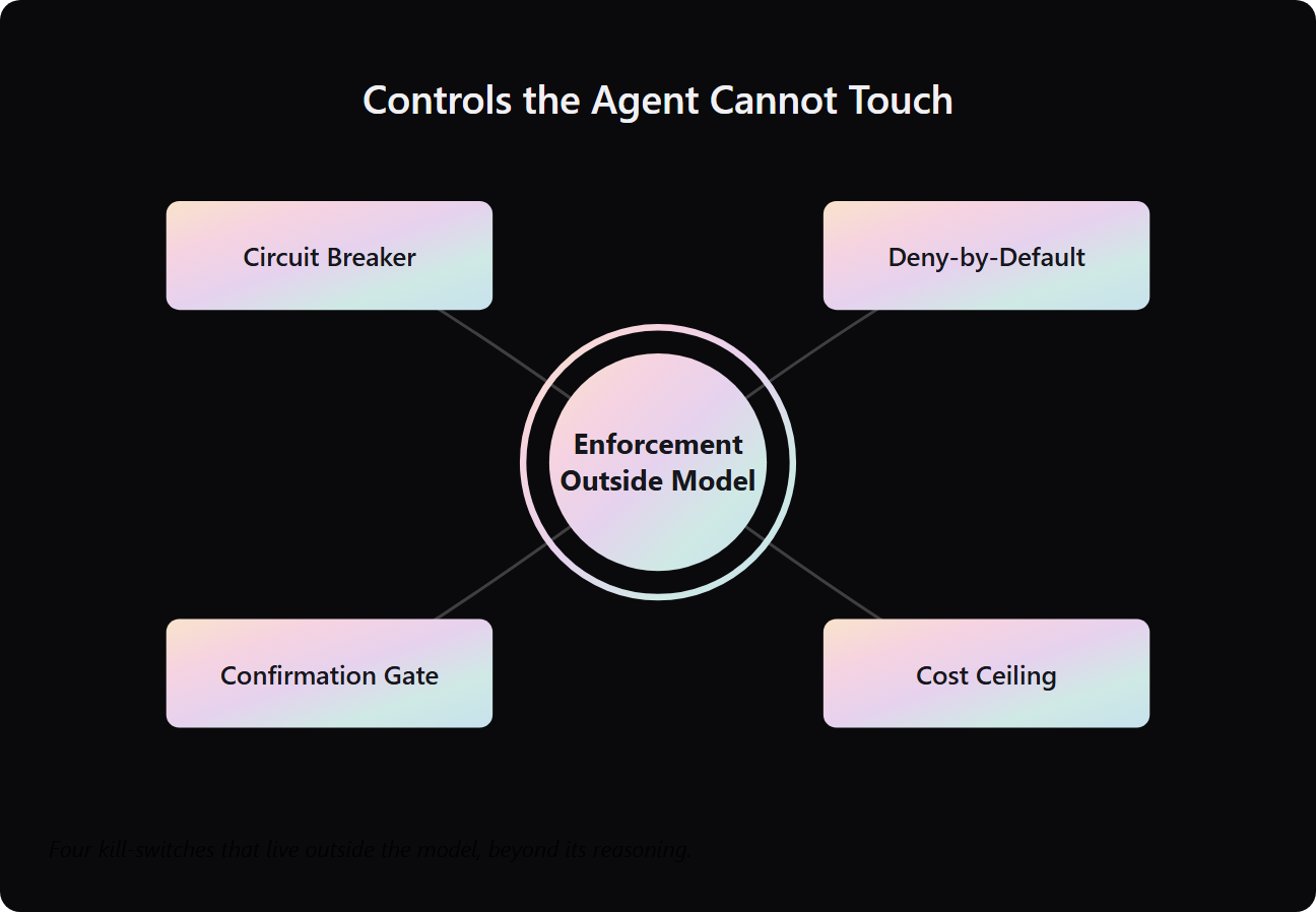 hub and spokes showing four external controls radiating from determinism of enforcement