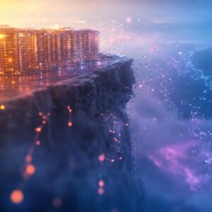 data center on a cliff with glowing digital network nodes streaming into the sky, symbolizing cloud computing connectivity.