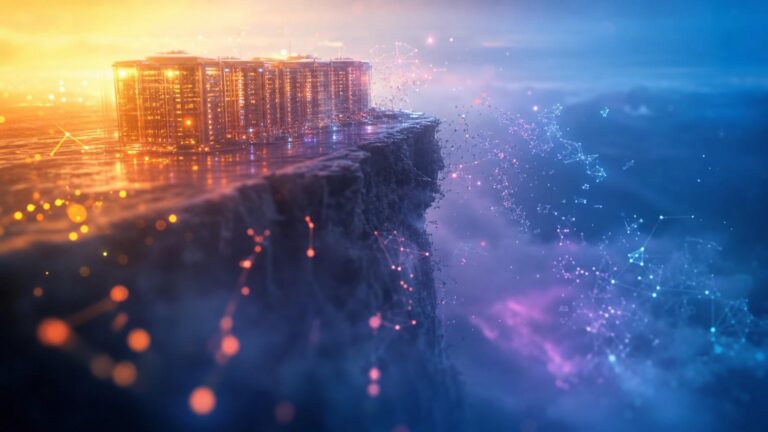 data center on a cliff with glowing digital network nodes streaming into the sky, symbolizing cloud computing connectivity.