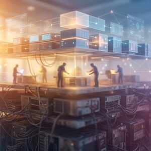 data center with server racks and technicians on elevated platforms, surrounded by floating holographic data panels. shift-left glow and cables.