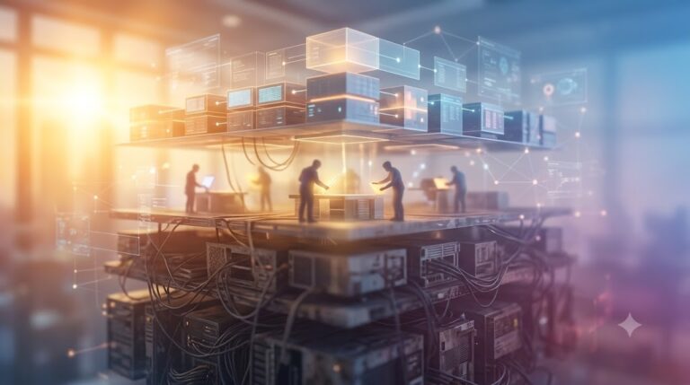 data center with server racks and technicians on elevated platforms, surrounded by floating holographic data panels. shift-left glow and cables.