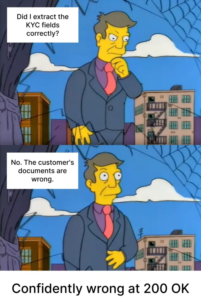 LLM Meme - Teamvoy two-panel meme image: a man in a suit in both frames, looking thoughtful. first panel caption: 'did i extract the kyc fields correctly?' second panel caption: 'no. the customer's documents are wrong.' the bottom text reads 'confidently wrong at 200 ok' indicating a mistaken validation.
