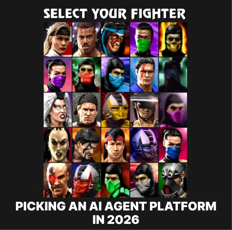 PICKING AN AI AGENT PLATFORM IN 2026 - Teamvoy grid of 25 fighter portraits with the title'SELECT YOUR FIGHTER' and caption 'PICKING AN AI AGENT PLATFORM IN 2026' at top/bottom, user selects a character to fight.
