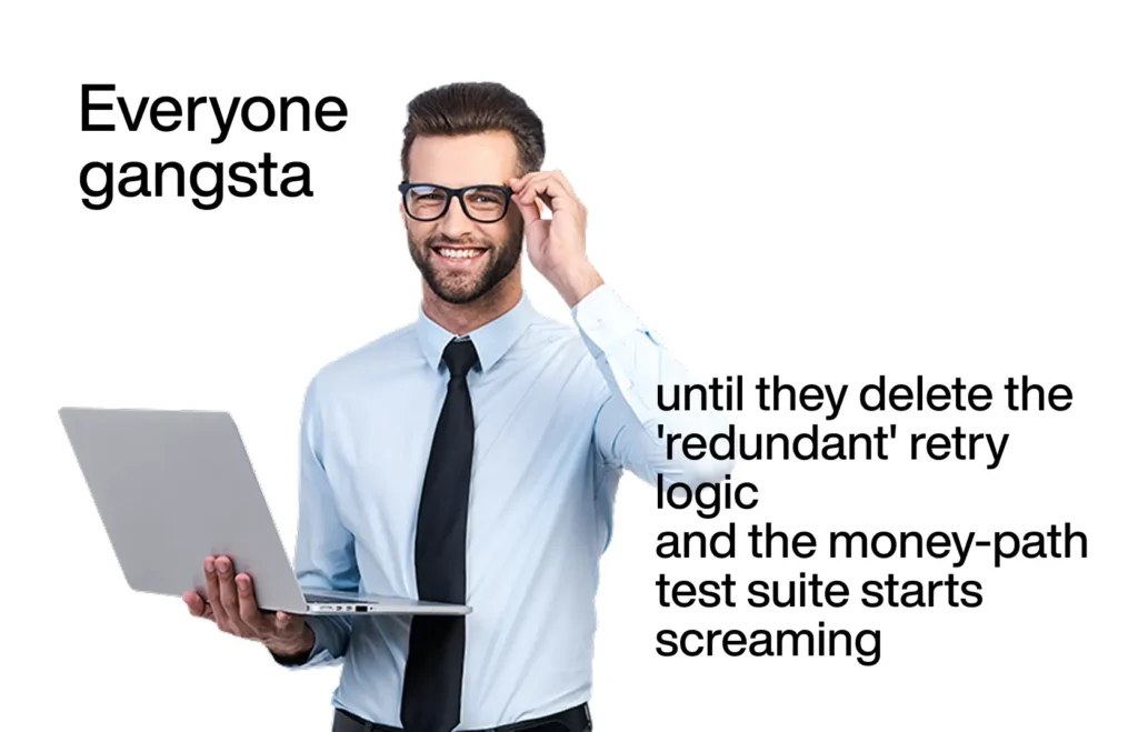 Gangsta - Teamvoy smiling man in a light blue shirt and black tie holds a laptop; large bold text on left reads 'everyone gangsta' and long text on the right.