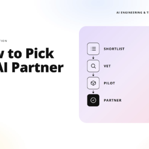 bold hero banner: 'how to pick an ai partner' with a left-heavy headline and a lavender rounded-card diagram on the right showing steps from shortlist to partner.