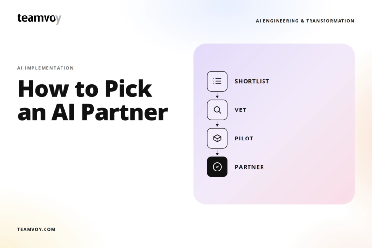 bold hero banner: 'how to pick an ai partner' with a left-heavy headline and a lavender rounded-card diagram on the right showing steps from shortlist to partner.
