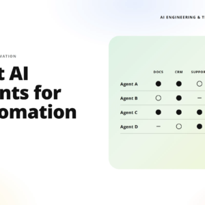 hero image showing 'best ai agents for automation' with teamvoy branding on left and a pastel rounded panel table of agents and sectors on the right.