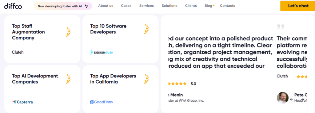diffco ai awards and clutch client review for ai development and modernization