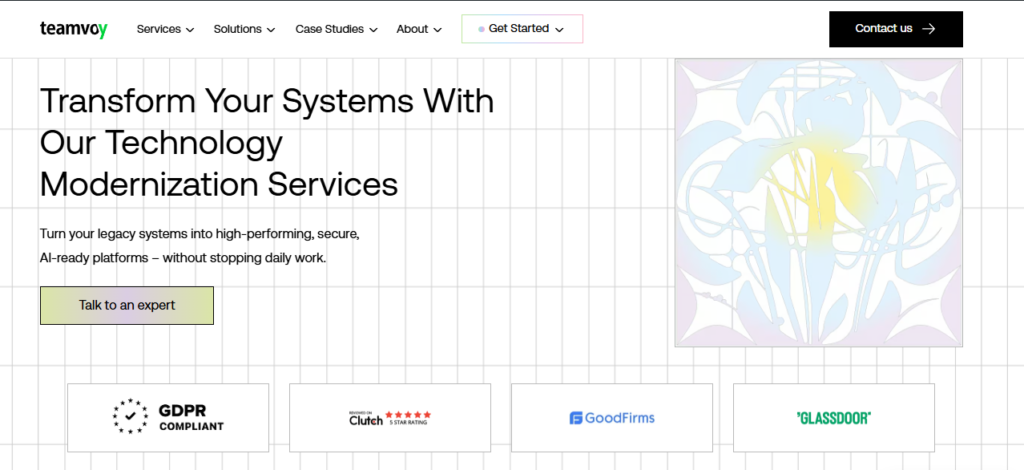 teamvoy legacy platform modernization with gdpr, clutch, goodfirms trust badges