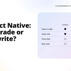 teamvoy hero banner with bold headline 'react native: upgrade or rewrite?' and a light blue rounded panel showing an upgrade vs rewrite comparison, plus teamvoy logo and site.