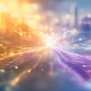 abstract data visualization with glowing lines and bokeh lights suggesting a digital network or data analytics concept.