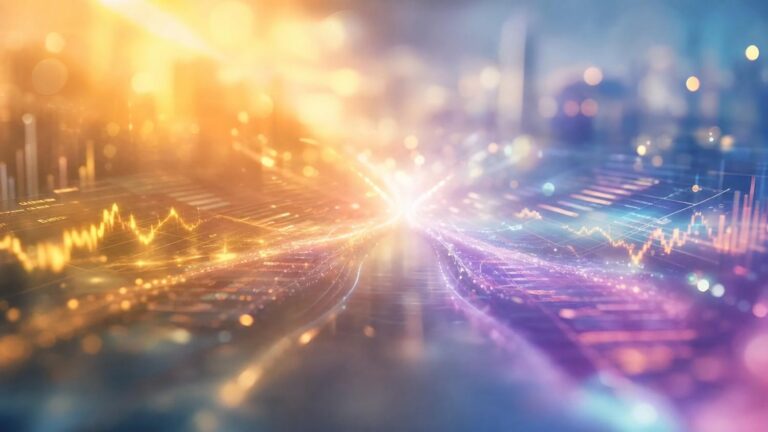abstract data visualization with glowing lines and bokeh lights suggesting a digital network or data analytics concept.