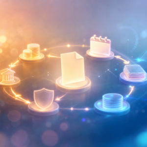 abstract digital ecosystem with finance icons (bank, coins, document, calendar, shield) arranged in a glowing circle for a fintech concept.