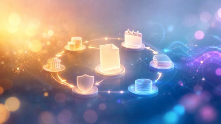 abstract digital ecosystem with finance icons (bank, coins, document, calendar, shield) arranged in a glowing circle for a fintech concept.