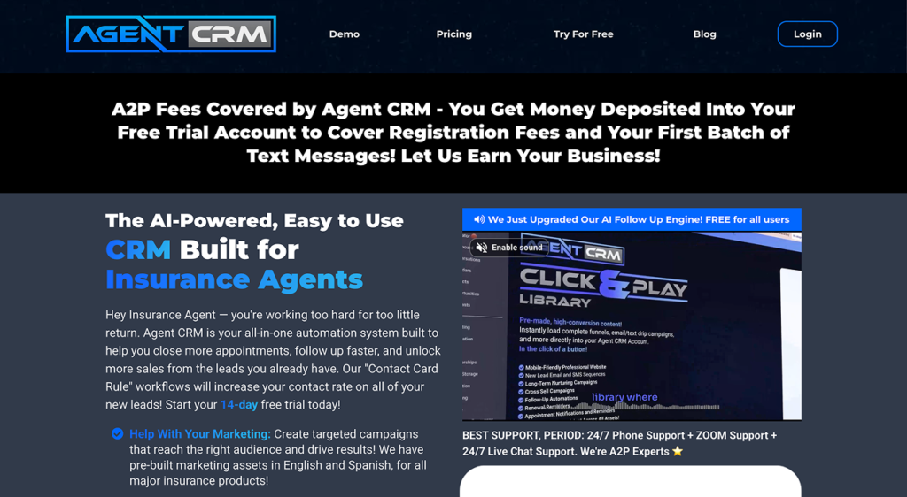 AGENT CRM - Teamvoy agent crm hero header with logo and navigation, featuring a bold black banner announcing a2p fees and a free trial offer.