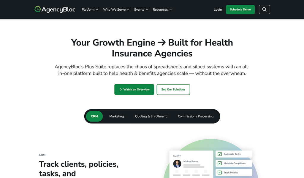 AgencyBloc - Teamvoy hero banner for agencybloc: headline'Your Growth Engine → Built for Health Insurance Agencies' with supporting text and two CTAs 'Watch an Overview' and 'See Our Solutions' at the center top of the page.