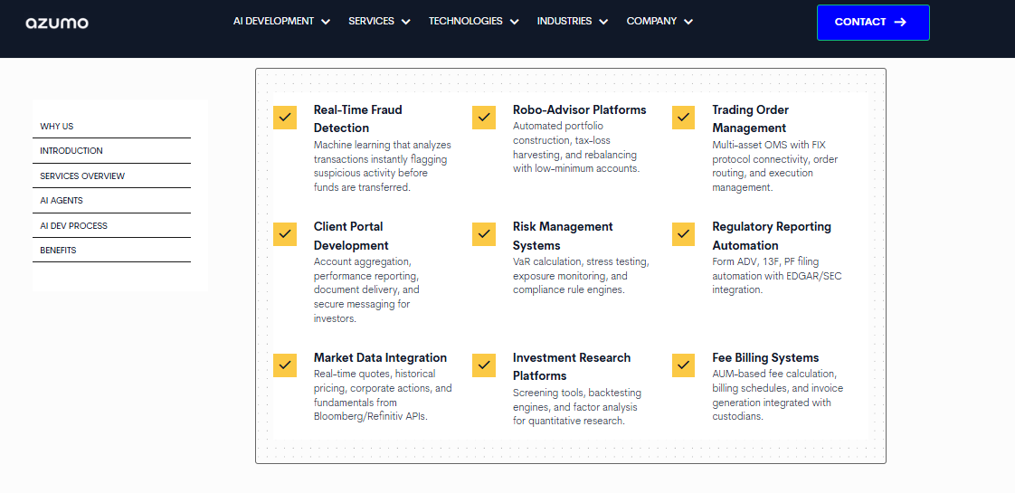 Azumo financial services grid: fraud detection, robo-advisor platforms, trading order management, regulatory reporting