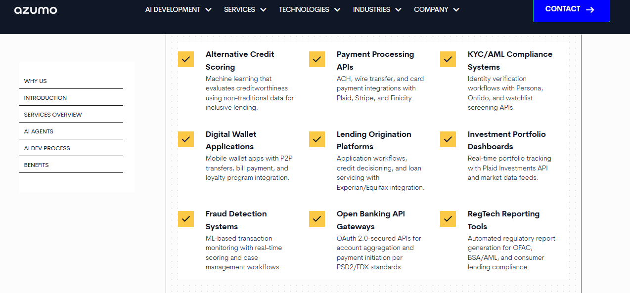 Azumo fintech capability grid listing lending origination, payment processing APIs, KYC/AML compliance, and RegTech reporting tools