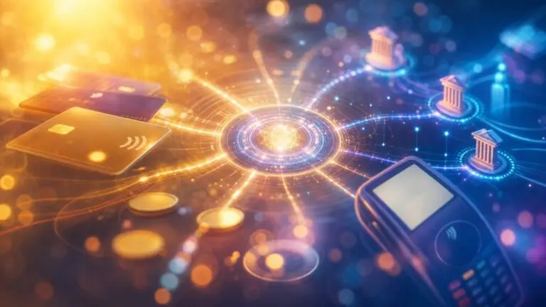 digital payments concept: glowing network hub at center connected to cards, coins, and a handheld payment devicelet with bank icons around it