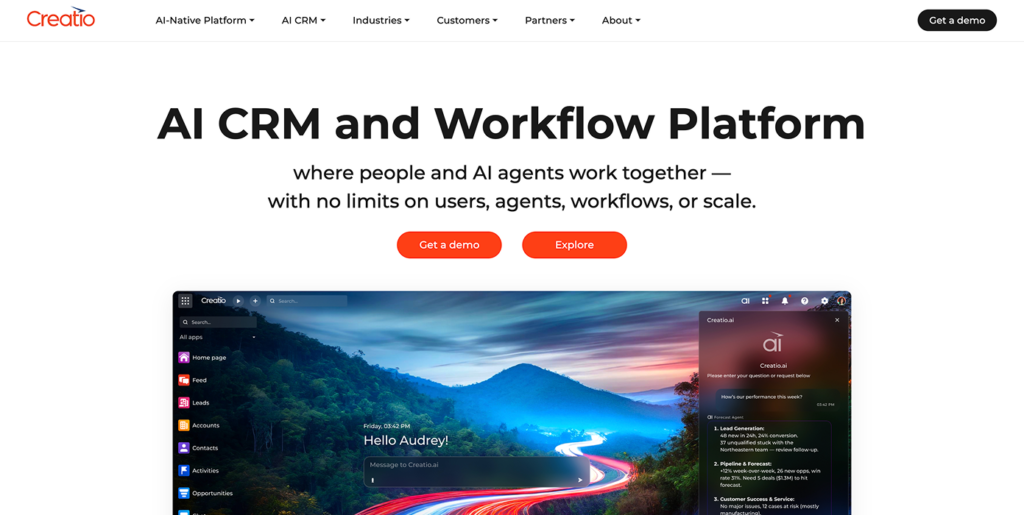 Creatio - Teamvoy hero banner for creatio ai crm and workflow platform with bold headline, two orange ctas, and a landscape dashboard image.