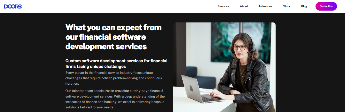 DOOR3 financial software development services section with a consultant wearing a headset in an office setting
