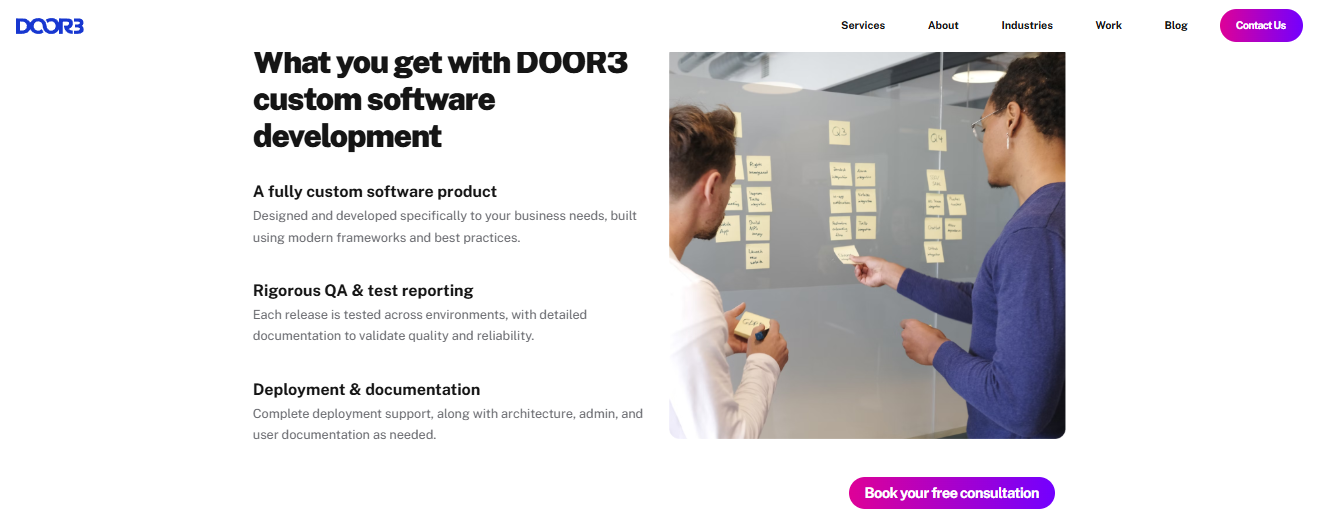 DOOR3 custom software development page listing product, QA reporting, and deployment documentation deliverables.