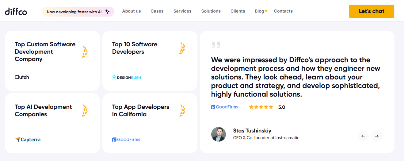 Diffco award cards from Clutch, DesignRush, Capterra and GoodFirms next to a five-star GoodFirms client testimonial