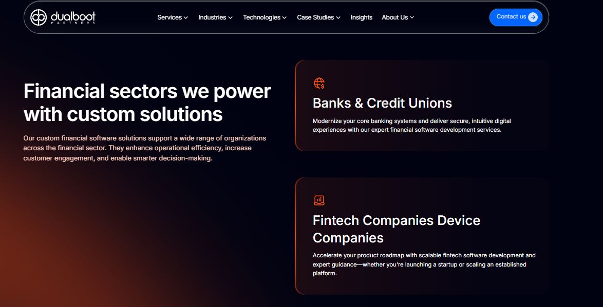 Dualboot Partners financial sectors page with Banks and Credit Unions and Fintech Companies solution cards