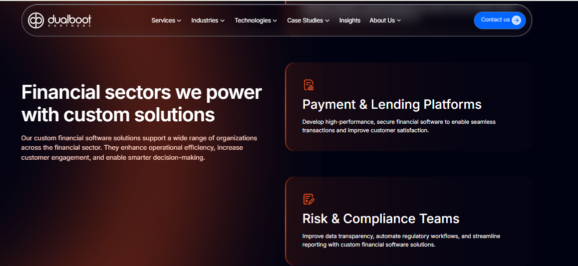 Dualboot Partners financial sectors page featuring risk and compliance teams and payment lending platforms