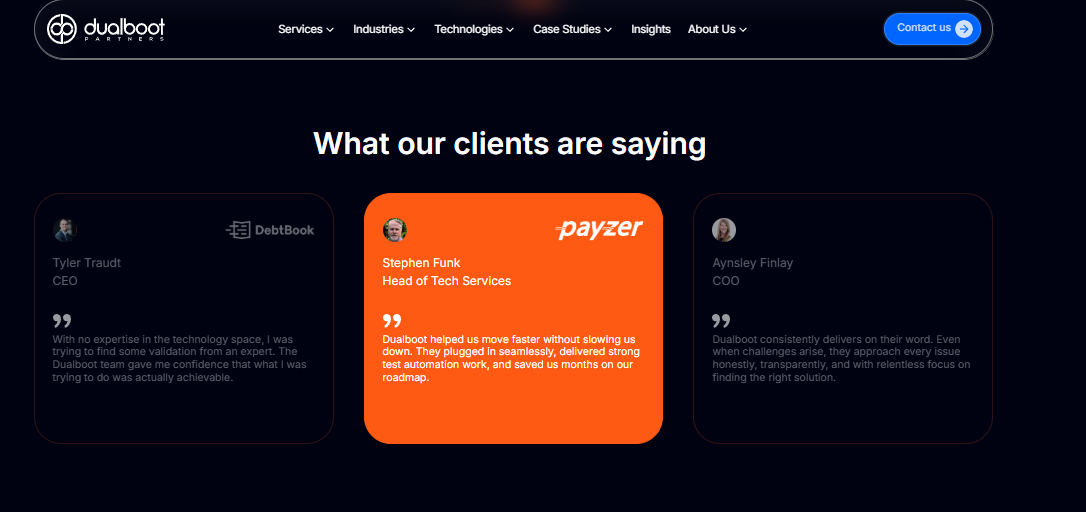 Dualboot Partners client testimonials from DebtBook and Payzer executives on a dark testimonial carousel