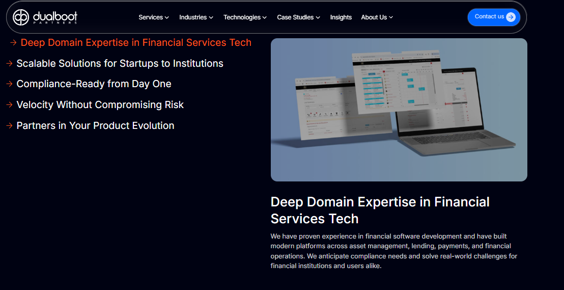 Dualboot Partners financial services page claiming compliance-ready delivery and scalable lending platforms for startups and institutions