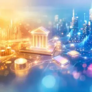 futuristic fintech scene with a glowing bank icon on a tablet, coins, and cards against a city skyline at sunset.