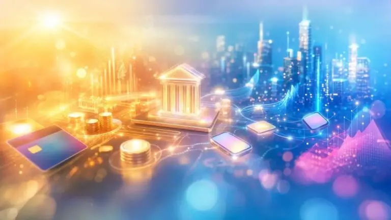 futuristic fintech scene with a glowing bank icon on a tablet, coins, and cards against a city skyline at sunset.