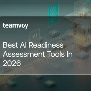 header image for an article: teamvoy logo with the title 'best ai readiness assessment tools in 2026' over a teal circuit-board background.