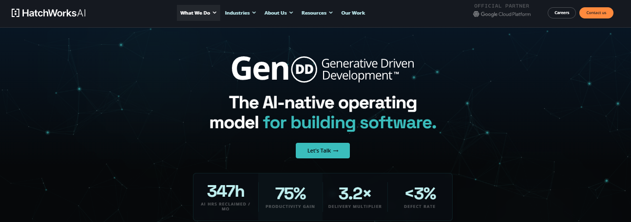 HatchWorks AI homepage introducing Generative Driven Development with productivity, delivery, and defect rate metrics.