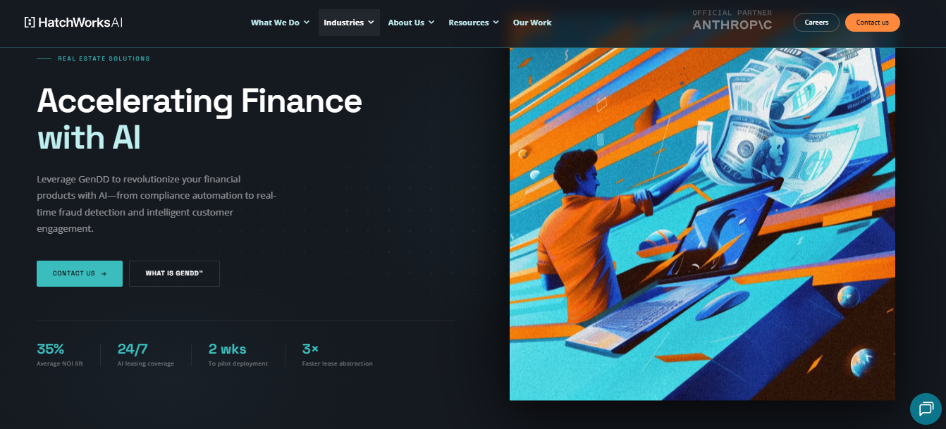 HatchWorks AI finance page promoting AI compliance automation, fraud detection, and two-week pilot deployment