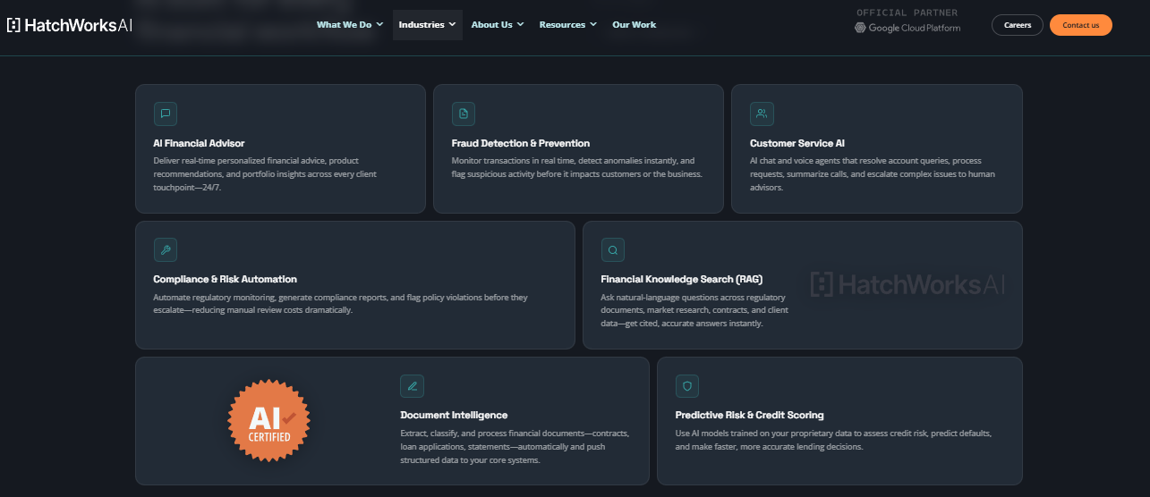 HatchWorks AI financial services page listing fraud detection, compliance automation, document intelligence, and credit scoring modules