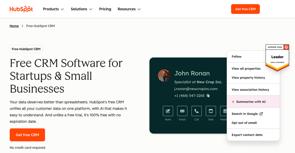 HubSpot - Teamvoy hubspot hero: headline'Free CRM Software for Startups & Small Businesses' with a 'Get free CRM' button and a dark card mockup graphic on the right showing contact details and icons.