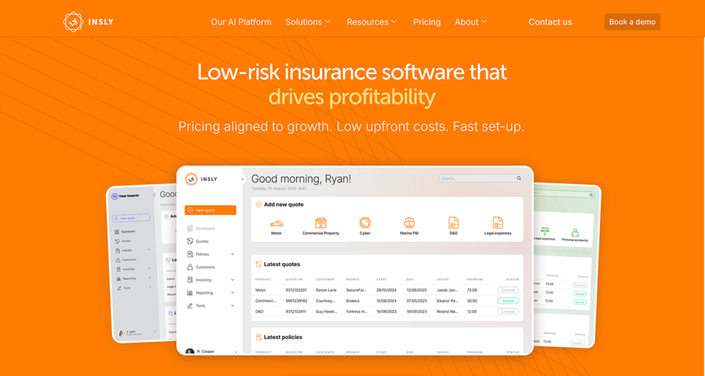 INSLY - Teamvoy orange hero with insly logo and navigation; main headline:'Low-risk insurance software that drives profitability' and subhead, plus three tilted product screenshots of the dashboard.