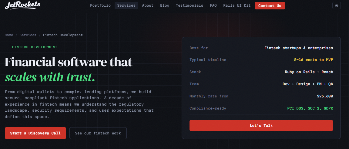 JetRockets fintech development hero with engagement panel listing 8–16 week MVP timeline, Rails stack and PCI DSS compliance