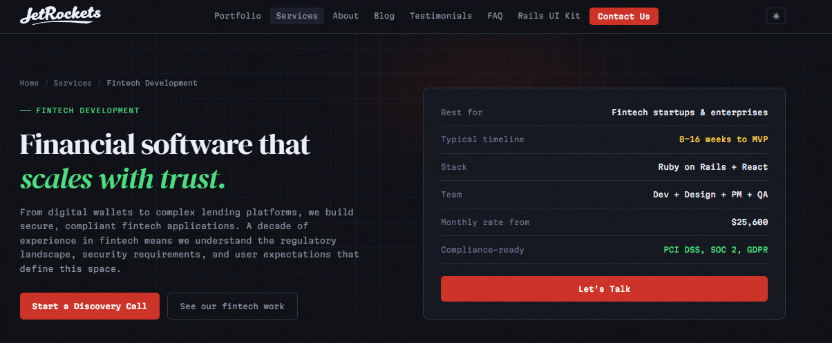 JetRockets fintech development page showing Rails and React stack, 8 to 16 week MVP timeline, and PCI DSS readiness